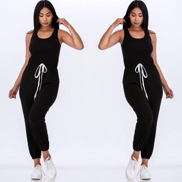 Black Elasticized Waist Jogger Jumpsuit - Picture 1 of 2